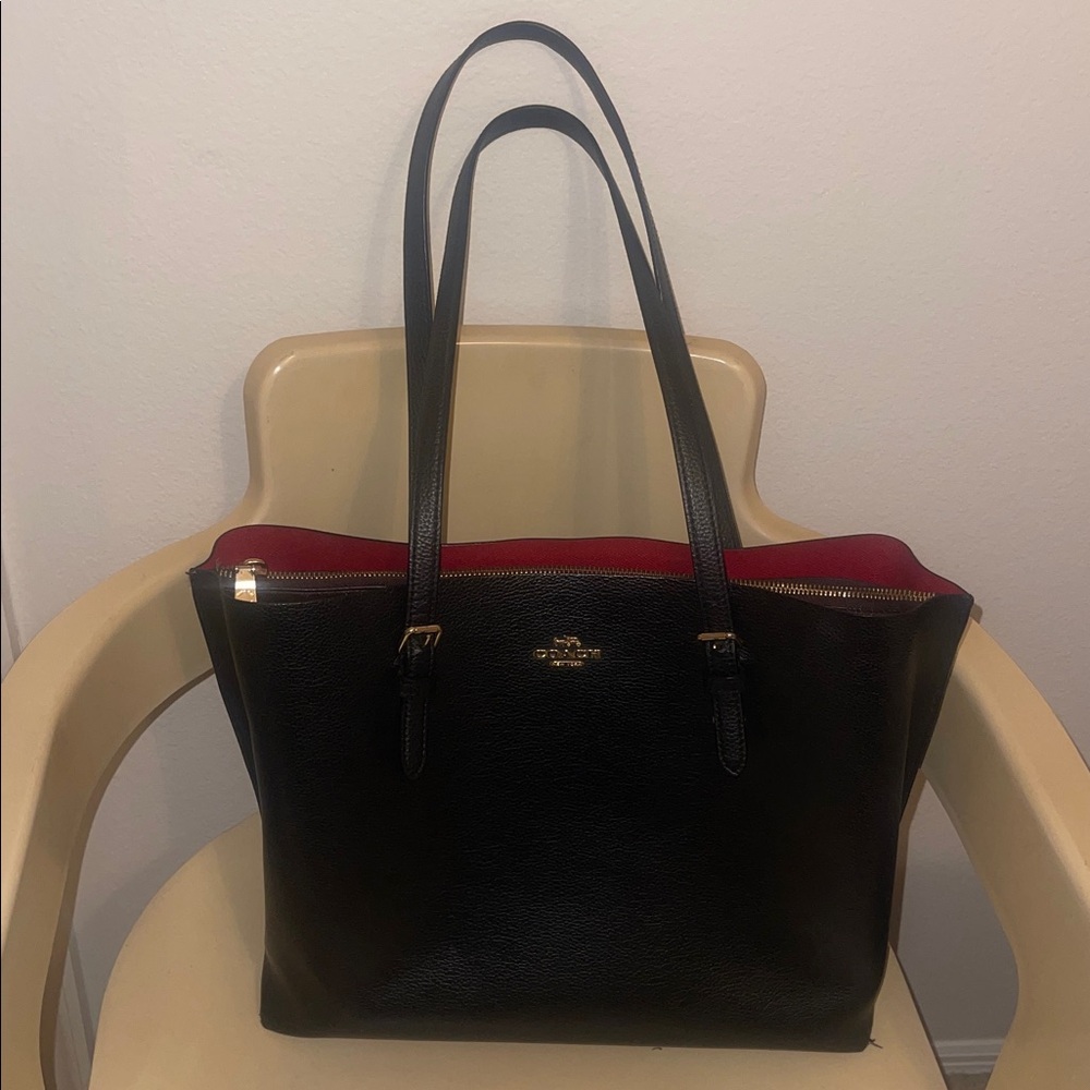 Coach Black Leather Tote Bag with Red Interior
